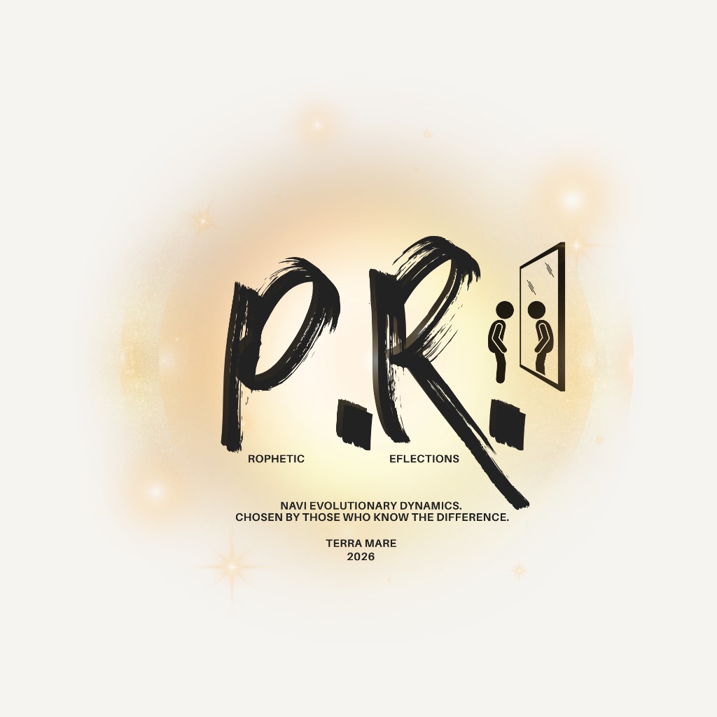 Prophetic Reflections wordmark in warm light, with the letters P and R and a figure regarding its reflection.